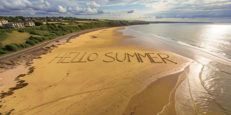 Scenic beach view with HELLO SUMMER written in sand, gentle waves lapping at the shore, and a...