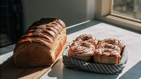 Loaf of bread and frosted donuts are displayed in a sunlit kitchen, highlighting the textures and...