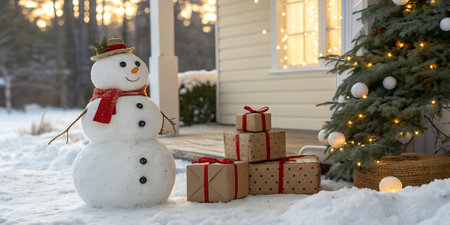 Snowman with red scarf and hat stands near wrapped gifts and decorated Christmas tree outside a house at sunset in winter landscape.の写真素材