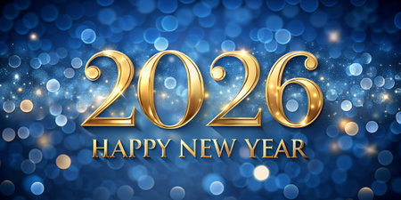Golden numbers 2026 with the text Happy New Year on a blue sparkling background. The design features...