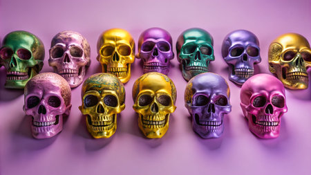 Colorful decorative skulls arranged in a row. The skulls are painted in vibrant colors like gold, purple, green, and pink. They are set against a soft purple background.の写真素材