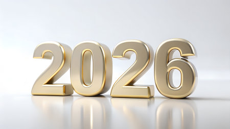 Golden numbers 2026 on a reflective surface. The digits are bold and shiny, symbolizing the upcoming year. The background is simple and white, enhancing the focus on the numbers.の写真素材