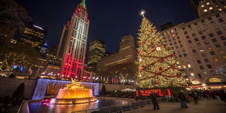 A vibrant city scene at night featuring a large Christmas tree adorned with lights, a fountain, and...