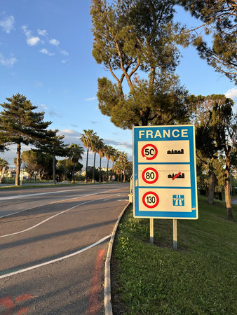 Road sign indicating entry to France with speed limits. Surrounding palm trees and clear blue sky...