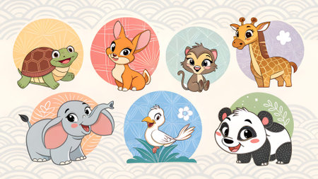 A collection of cute cartoon animals including a turtle, corgi, lion, giraffe, elephant, duck, and panda, each in colorful circular backgrounds.の写真素材