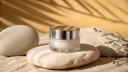 A small glass jar of cream with a silver lid placed on smooth stones. The background features soft shadows and a warm yellow hue, creating a serene atmosphere.の写真素材