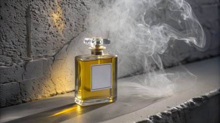A glass perfume bottle with a golden liquid sits on a stone surface. Smoke swirls around the bottle,...