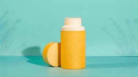 A yellow cylindrical container with a white cap and a matching lid, placed on a turquoise background. The scene is minimalistic and modern.の写真素材