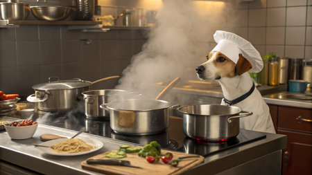A dog wearing a chef's hat stands in a kitchen. Steam rises from pots on the stove. Ingredients like pasta and vegetables are on the counter.の写真素材
