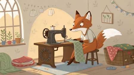 A cartoon fox with orange fur and a white tail sits at a sewing machine in a cozy room. The fox is...