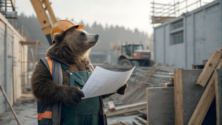 A bear wearing a hard hat and work vest holds blueprints at a construction site. Heavy machinery and building materials are visible in the background.の写真素材