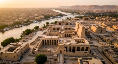 Stunning aerial perspective of ancient temple ruins adjacent to a river, highlighting detailed structures and lush greenery, evoking a sense of history and tranquilityの写真素材