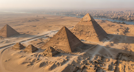 Iconic pyramids stand tall in the desert, surrounded by golden sands and a clear sky, representing ancient civilization and architectural marvels in a vast landscapeの写真素材
