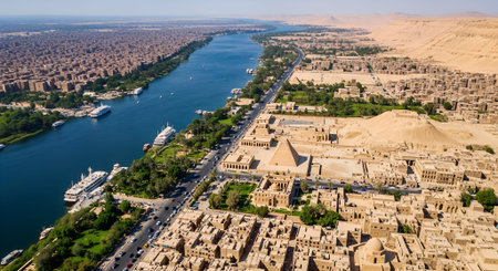 Stunning aerial perspective of a city by the river, featuring ancient pyramids, green landscapes,...