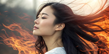 Woman with long hair is surrounded by swirling flames, creating a striking contrast against her calm...