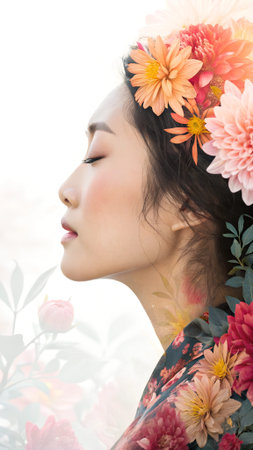 Profile view of a woman adorned with a floral headpiece, surrounded by colorful blooms, creating a...