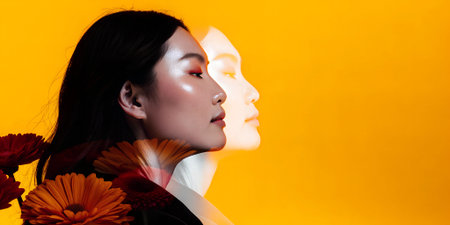 Profile portrait of a woman with long dark hair, set against a bright yellow backdrop, adorned with flowers, highlighting beauty and artistic flairの写真素材