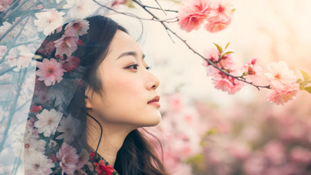Woman with long black hair admires cherry blossoms in a tranquil setting, surrounded by delicate pink petals, evoking feelings of peace and renewalの写真素材