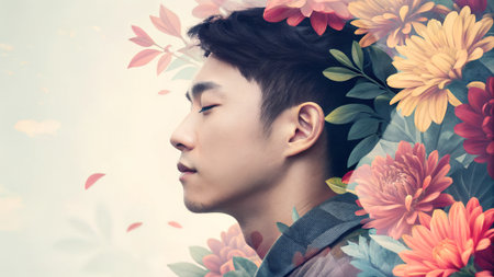Asian male figure with eyes closed, enveloped by colorful floral elements, creating a peaceful atmosphere that highlights the beauty of nature and inner calmの写真素材