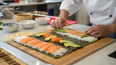 Culinary expert meticulously assembling sushi rolls with salmon and avocado on a bamboo mat in a contemporary kitchen, highlighting vibrant ingredients and craftsmanshipの写真素材