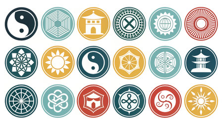 A vibrant collection of circular symbols showing various designs, including yin-yang and geometric patterns, representing harmony and cultural significance in a colorful arrangementの写真素材