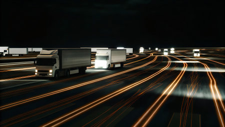 Trucks are traveling along a highway at night, with vibrant light trails creating a sense of motion and energy in a bustling transportation sceneの写真素材