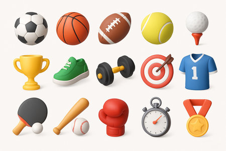 Vibrant assortment of sports items featuring balls, shoes, trophies, and gear, representing diverse athletic activities and the excitement of competition in a fun visual styleの写真素材
