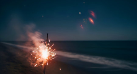 Sparkler lights up the night beach, casting bright sparks into the air, creating a vibrant and festive ambiance, perfect for celebrations and gatheringsの写真素材