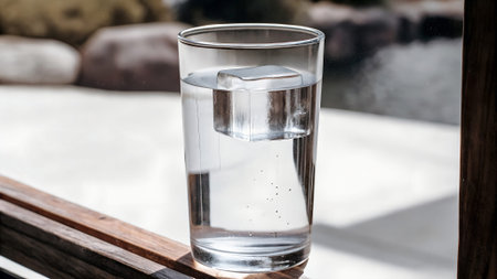 Glass of water with ice cube rests on wooden surface, illuminated by natural light, creating a...