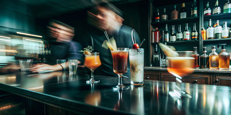 Bartender is making a cocktail in the bar. Blurred backgroundの写真素材