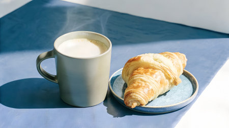 A ceramic mug filled with coffee sits next to a flaky croissant on a blue plate, showcasing a delightful breakfast setting with soft light enhancing the sceneの写真素材