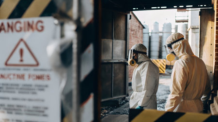 Professionals in protective suits are carefully inspecting a hazardous area with warning signs, highlighting the importance of safety and caution in industrial settingsの写真素材