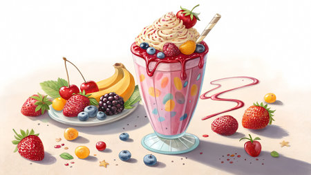 Vibrant milkshake illustration with whipped cream and fruit toppings, accompanied by a plate of assorted fresh fruits, creating a delightful and inviting dessert sceneの写真素材