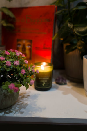 Indoor setting with a glowing candle, colorful plants, and an artistic book cover, enhancing the ambiance for peaceful moments and personal reflectionの写真素材