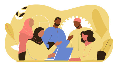 Group of diverse individuals collaborating around a laptop, engaged in discussion and brainstorming, surrounded by abstract shapes and elements, representing teamwork and innovationのイラスト素材