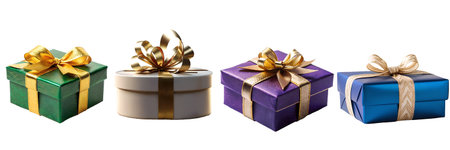 A collection of vibrant gift boxes featuring elegant ribbons, displayed on a clean white background,...