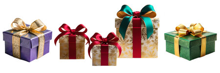 A collection of beautifully wrapped gift boxes in different sizes, featuring colorful ribbons and...
