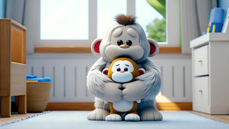 Fluffy cartoon character embraces plush toy in a bright, cozy room with colorful furniture and soft...