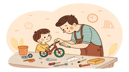 A father and son are engaged in assembling a toy bicycle at a table, with various tools and materials around, highlighting a joyful learning momentの写真素材