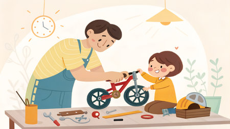 A father and son collaborated on bicycle assembly in a warm workshop, filled with tools and materials, highlighting the joy of shared projects and learning experiencesの写真素材