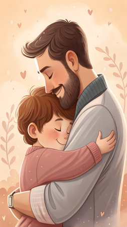 Illustration features a father and son sharing a warm embrace, with soft colors and floral accents, symbolizing love, connection, and family bondsの写真素材