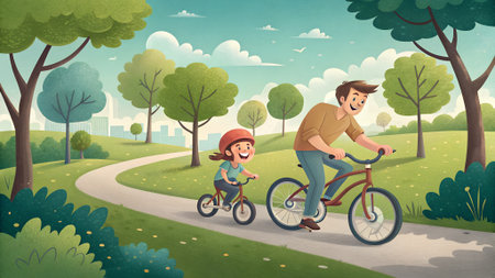 A joyful scene of father and daughter cycling on a winding path in a lush park, surrounded by trees and a bright sky, capturing family bonding momentsの写真素材