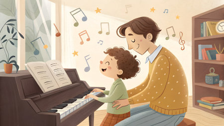 A joyful father and son share a musical experience at a piano, with colorful notes floating around in a cozy room filled with books and greenery, fostering creativityの写真素材