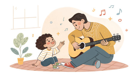 Heartwarming illustration of a father engaging with his child while playing guitar in a cozy living room, with plants and musical notes enhancing the atmosphereの写真素材