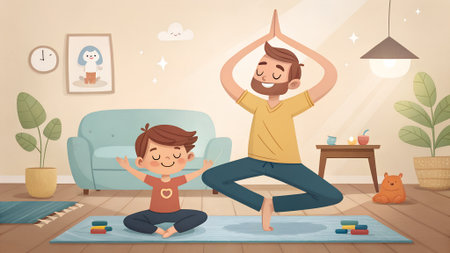 A father and son are engaged in yoga practice in a warm living room, with plants and colorful decor enhancing the atmosphere of relaxation and connectionの写真素材