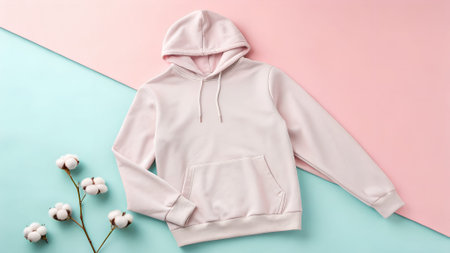 Pink hoodie is elegantly arranged on a pastel background, with cotton flowers nearby, highlighting...