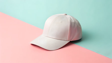 Pink baseball cap rests on a colorful pastel background, highlighting its smooth texture and modern design, ideal for fashion and casual style enthusiastsの写真素材