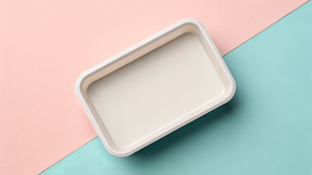 Rectangular container sits on pastel pink and blue background, highlighting its minimalistic design and versatility for food storage or decorative useの写真素材