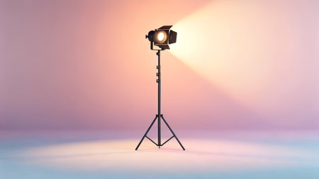 Spotlight on a tripod casts light onto a soft pastel background, enhancing the scene's warmth and showing the significance of effective lighting in photographyの写真素材