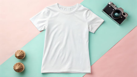 White t-shirt mock up on pastel background with camera and wooden spheres, providing a clean canvas...